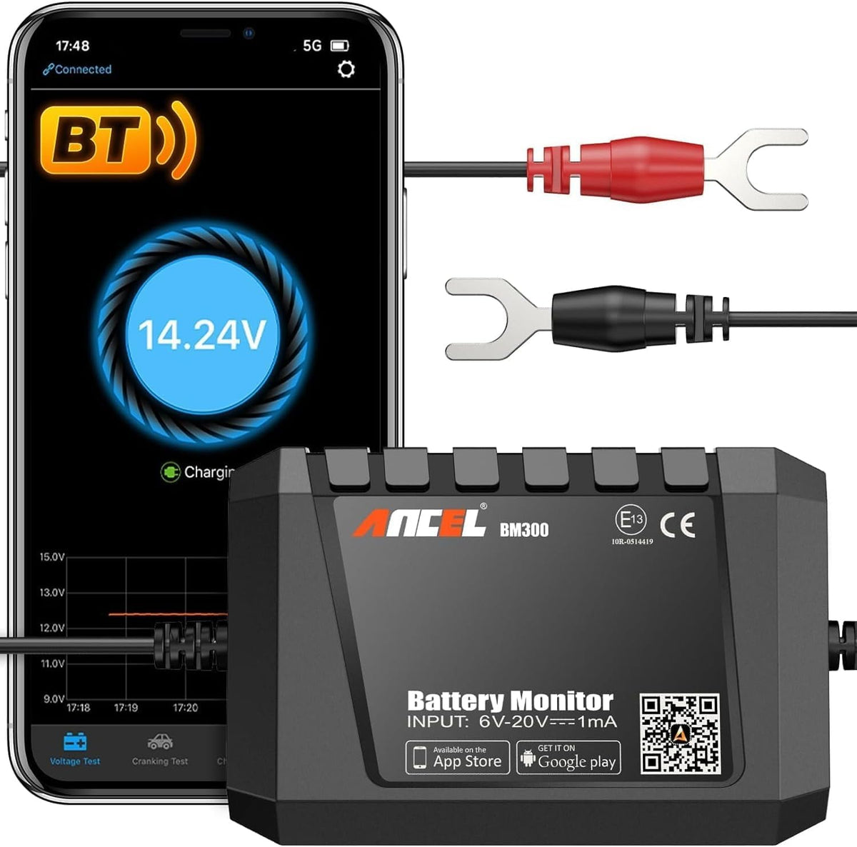 Ancel Bm300 12V Battery Monitor - Bluetooth 4.0 Automotive Voltmeter With Charging, Cranking System Test & Alarm - Compatible Fo