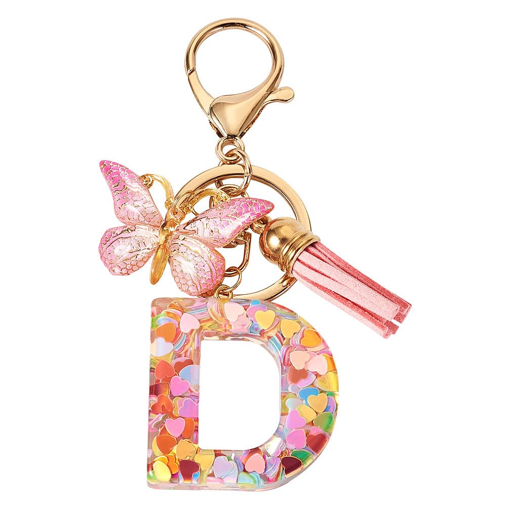Alphabet Initial Letter D Keychain for Women Gift Letter Keychain With Tassel Butterfly Key Ring for Car Key s Purse Handbags Ba