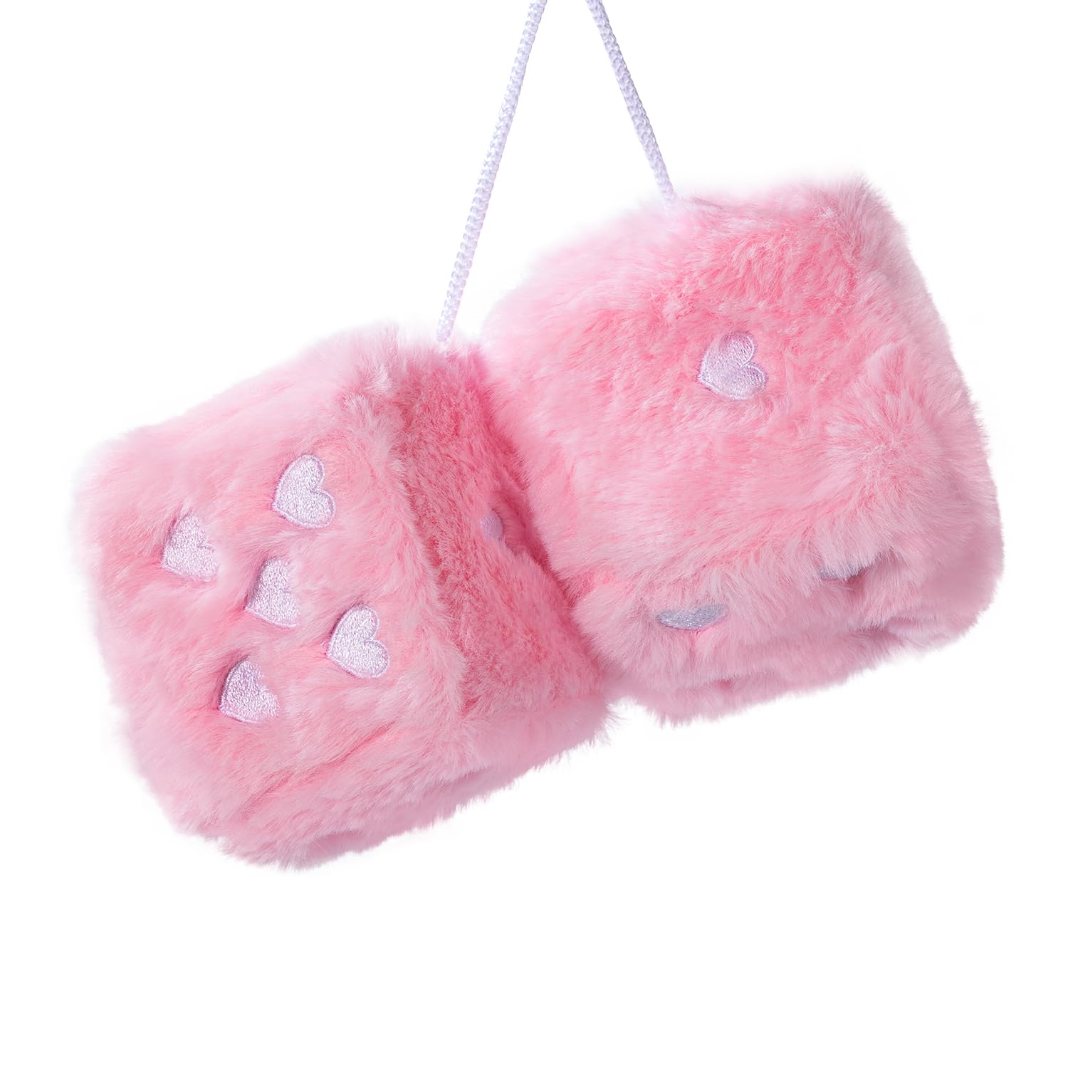 Heart Embroidered Baby Pink Fuzzy Plush Dice - 3-Inch Decorative Car Mirror Hanging Ornaments, Soft Foam, Easy Install, Great Gi
