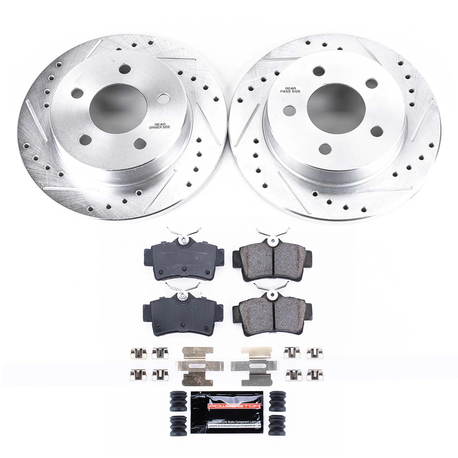 Power Stop K1303 Rear Z23 Carbon Fiber Brake Pads with Drilled & Slotted Brake Rotors Kit For Ford Mustang 1994-2004 [Model Spec
