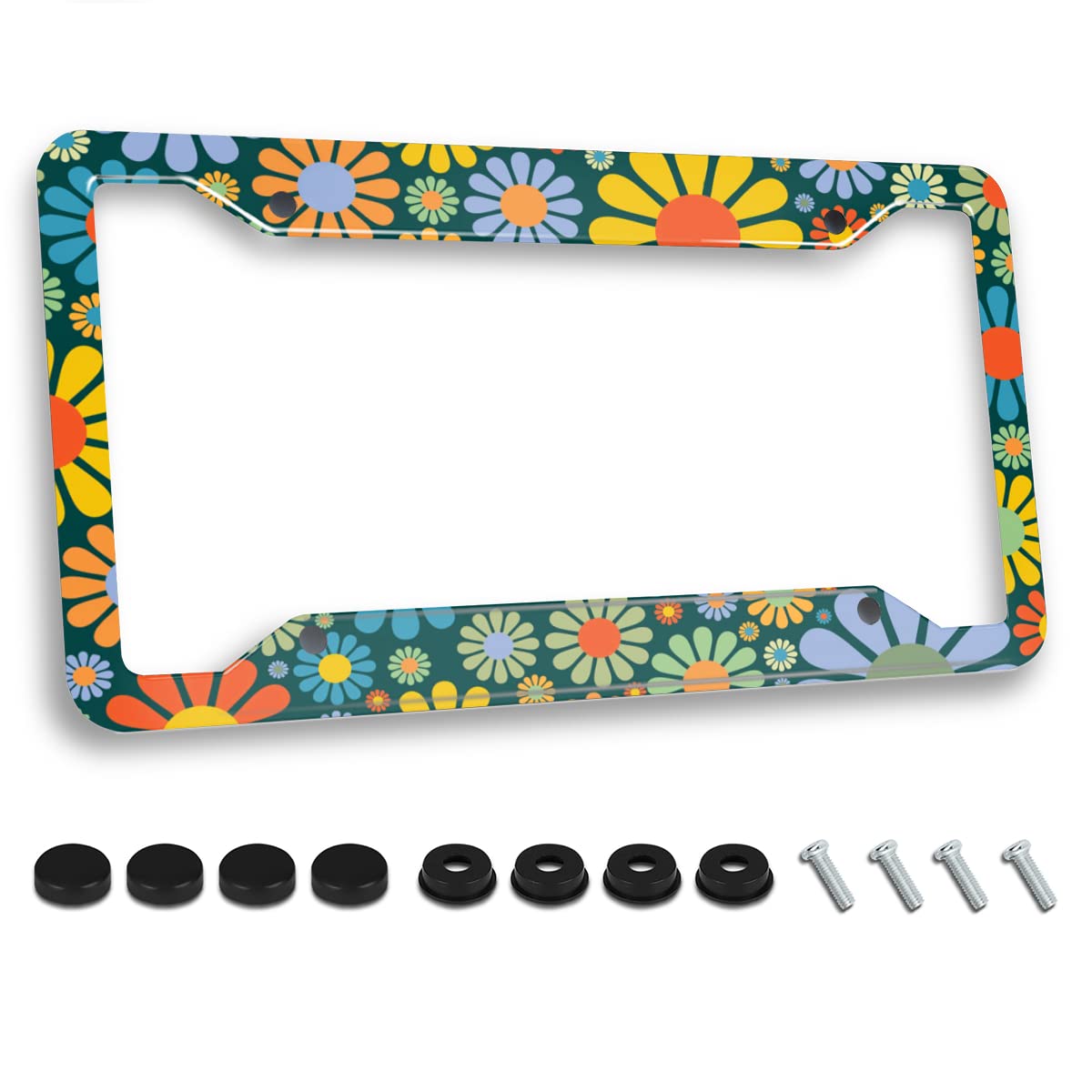 Abstract Hippie Flower License Plate Frames Stainless Steels Car Tag Holder With 4 Holes And Screws Customized Decorative Frame