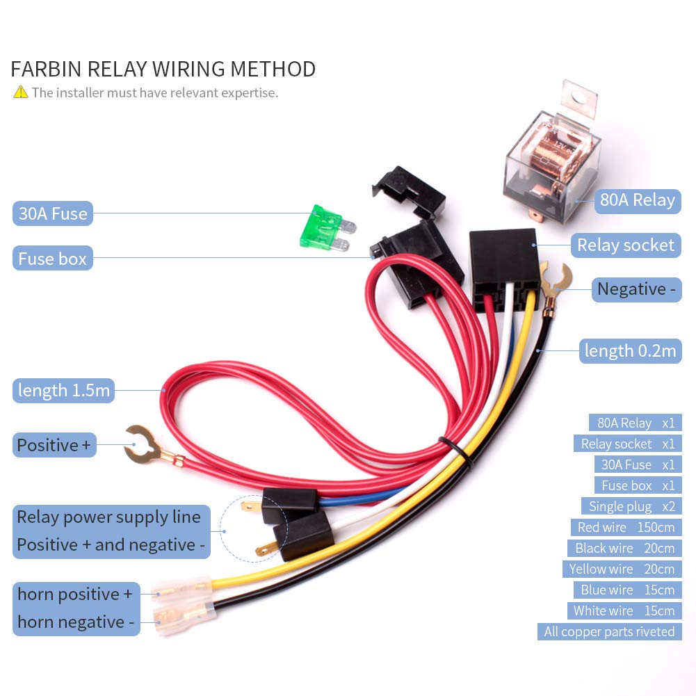 Farbin Air Horn Relay Wiring Harness Kit 12V 80 Amp For Car Truck Motorcycle (Relay 4 Pin Single Horn Wiring Harness, 12V)