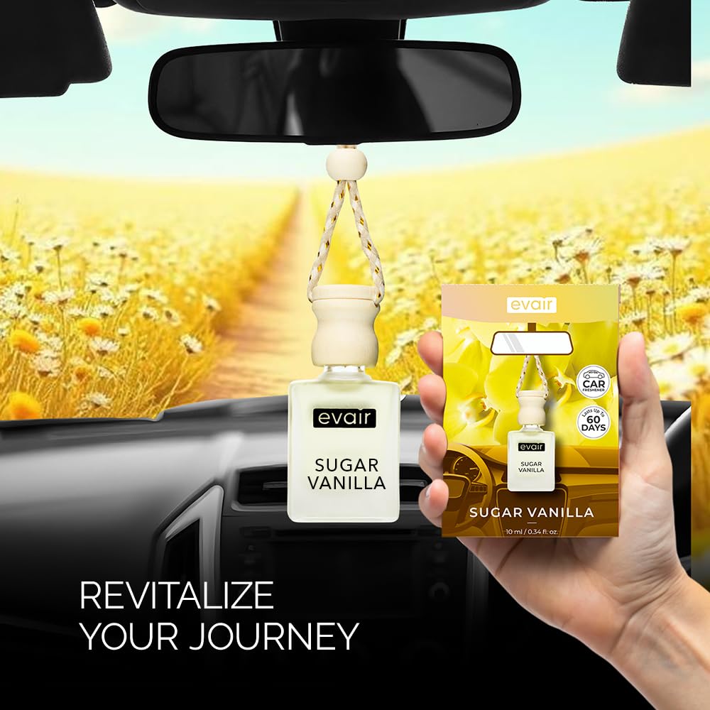 Evair Car Air Freshener with Essential Oils Fragrance in Glass Bottle with Wooden Diffuser Lid | 10 ml - Pack of 1 (Vanilla)