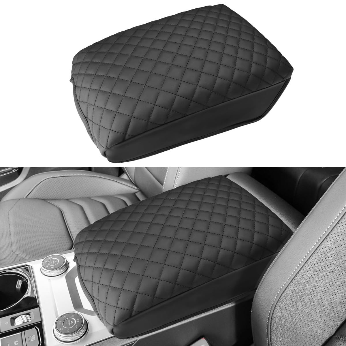 Intget For 2024 Volkswagen/Vw Atlas Center Console Cover Leather Arm Rest Cover Middle Console Cover Central Armrest Lid Protector For 2024 Volkswagen Vw Atlas Interior Accessories (Black Leather)