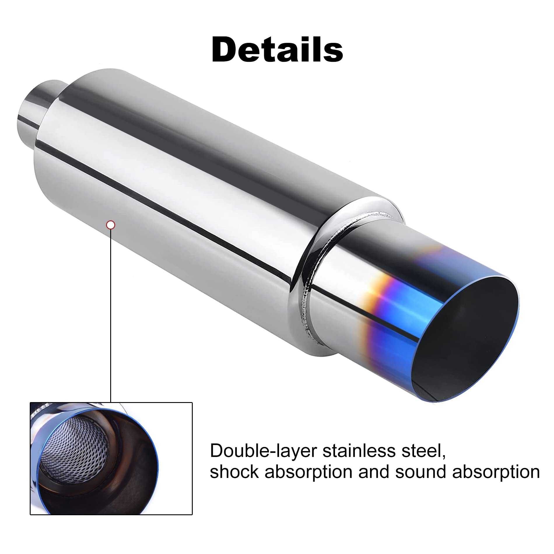Evil Energy Exhaust Muffler, Stainless Steel Exhaust Tip, Universal 15' Length (Burnt, 2'' Inlet 3'' Outlet)