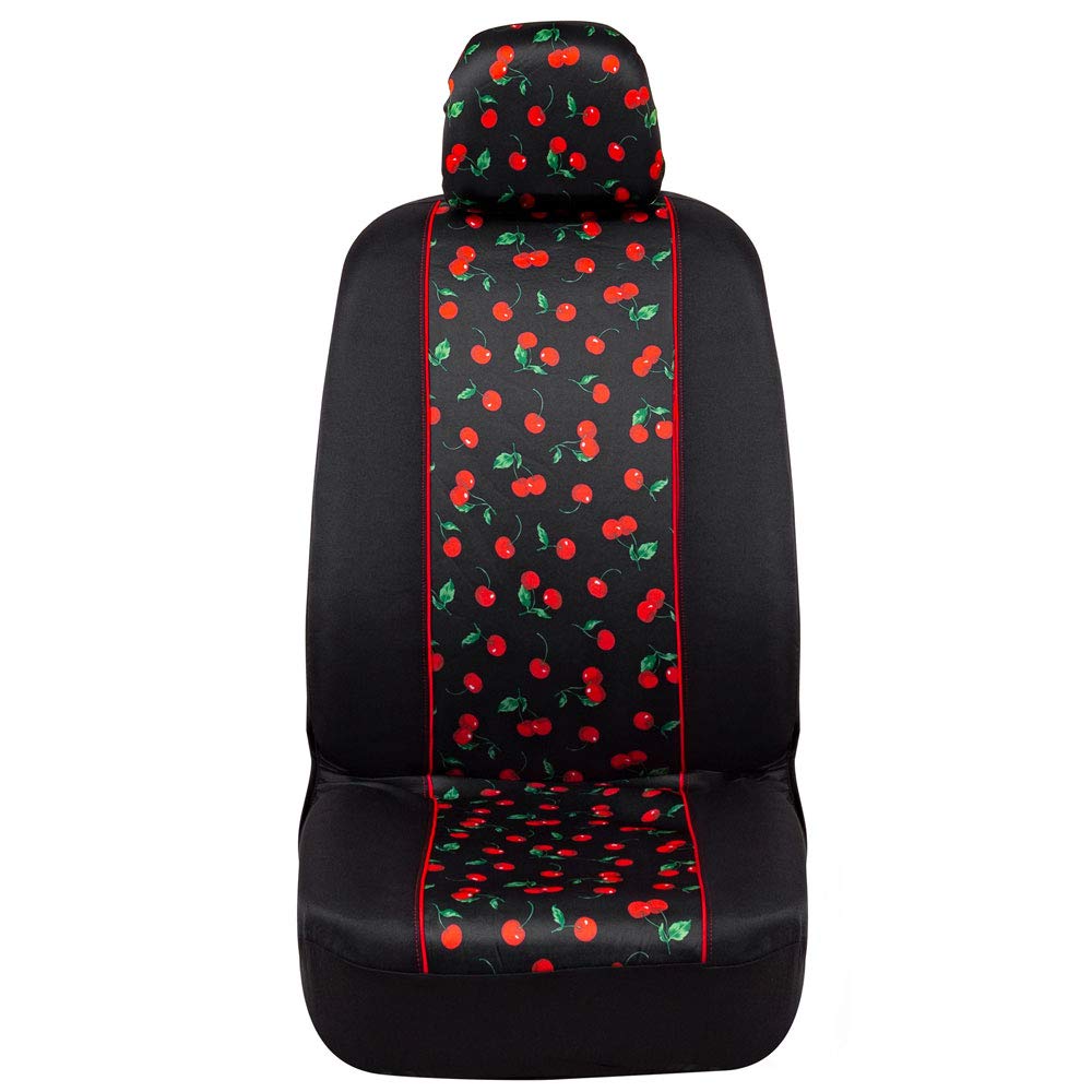 Bdk Red Cherry Car Seat Covers For Front Seats, 2 Pack - Classic Pattern With Matching Headrest, Sideless Design For Easy Instal