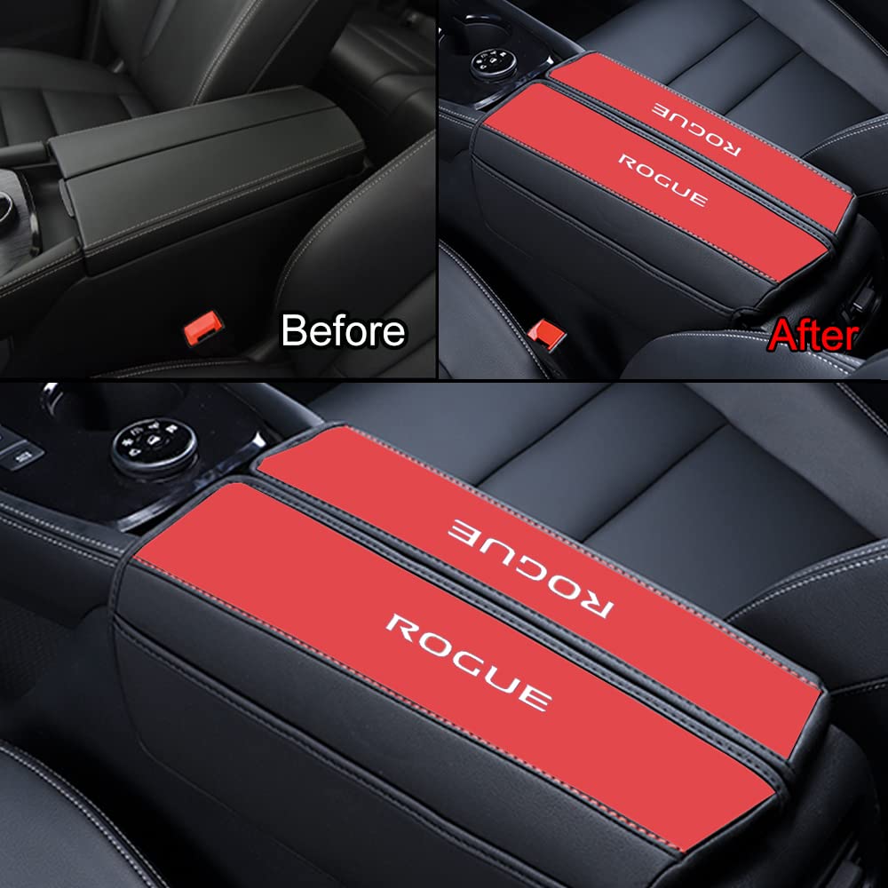Xiter 1Pc Leather Center Console Armrest Cover With Side Pockets For Nissan Rogue 2021 2022 2023 2024 2025 Accessories(Black+Red