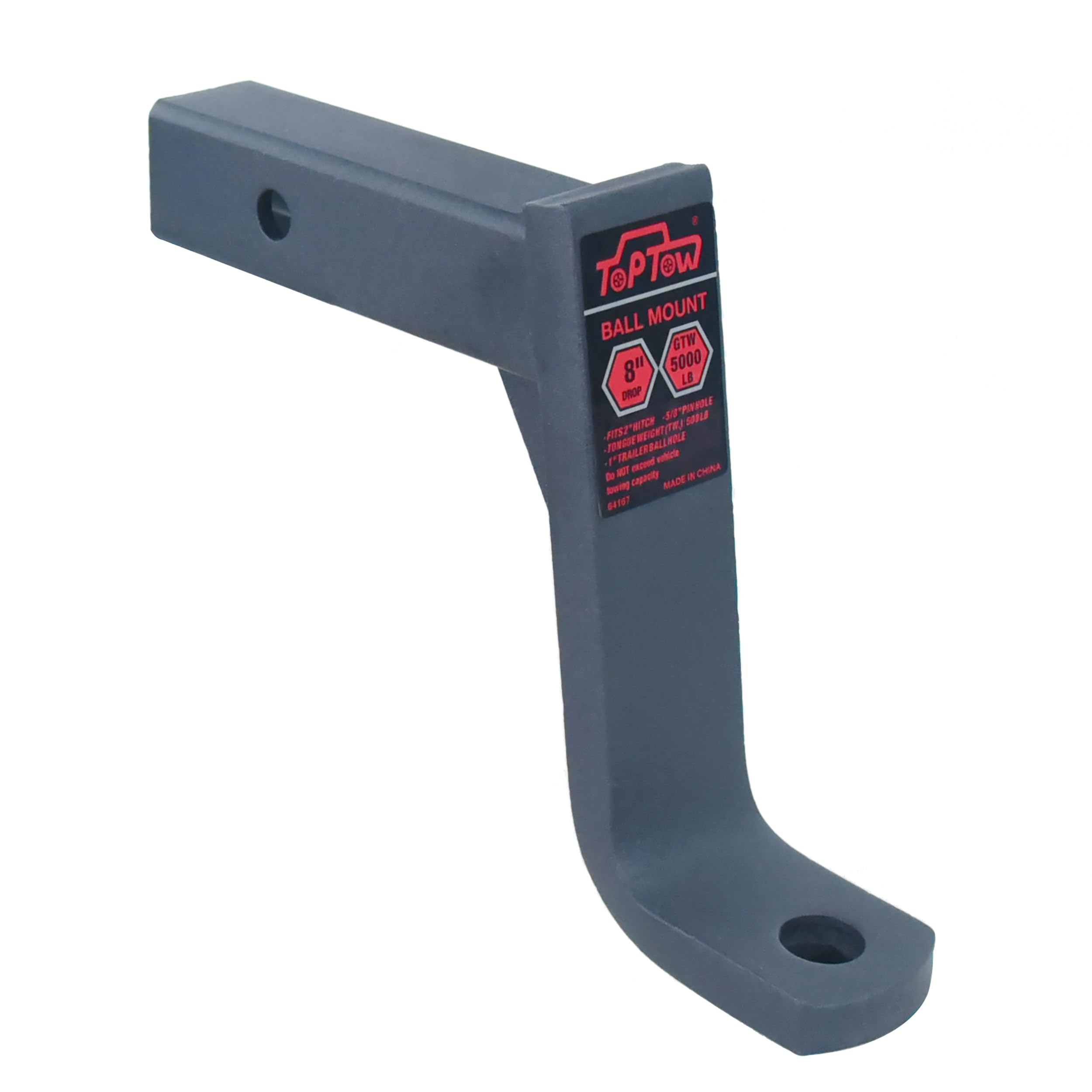 TOPTOW 64167 Trailer Hitch Ball Mount 8-inch Drop, Fits 2 inch Hitch Receiver, Matte Black