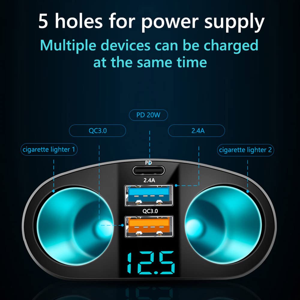 Usb C Car Charger Cigarette Lighter Adapter, Qc3.0 & Pd Cigarette Lighter Usb Socket Splitter With Led Voltmeter, 12V/24V Car Us