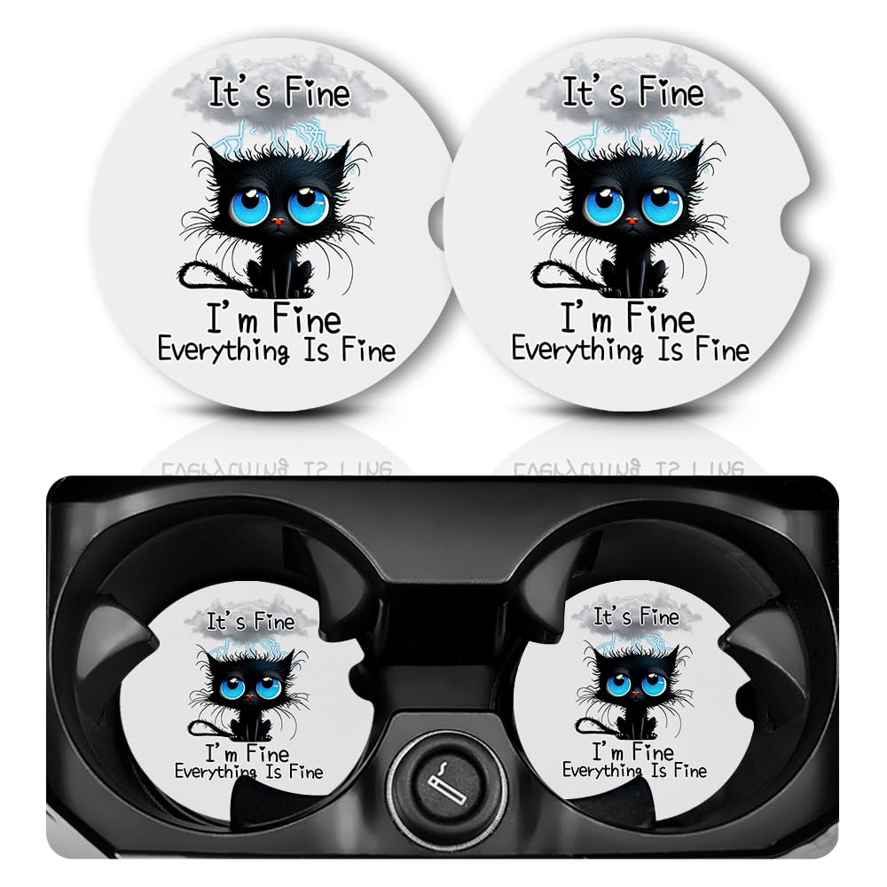 Balck Cat Anti Slip Rubber Car Cup Mat with Finger Notch, 2 Pack Car Coasters for Cup Holders
