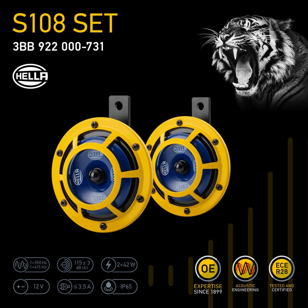 HELLA 922000731 Sharptone 12V High Tone/Low Tone Twin Horn Kit with Yellow Protective Grill, 2 Horns