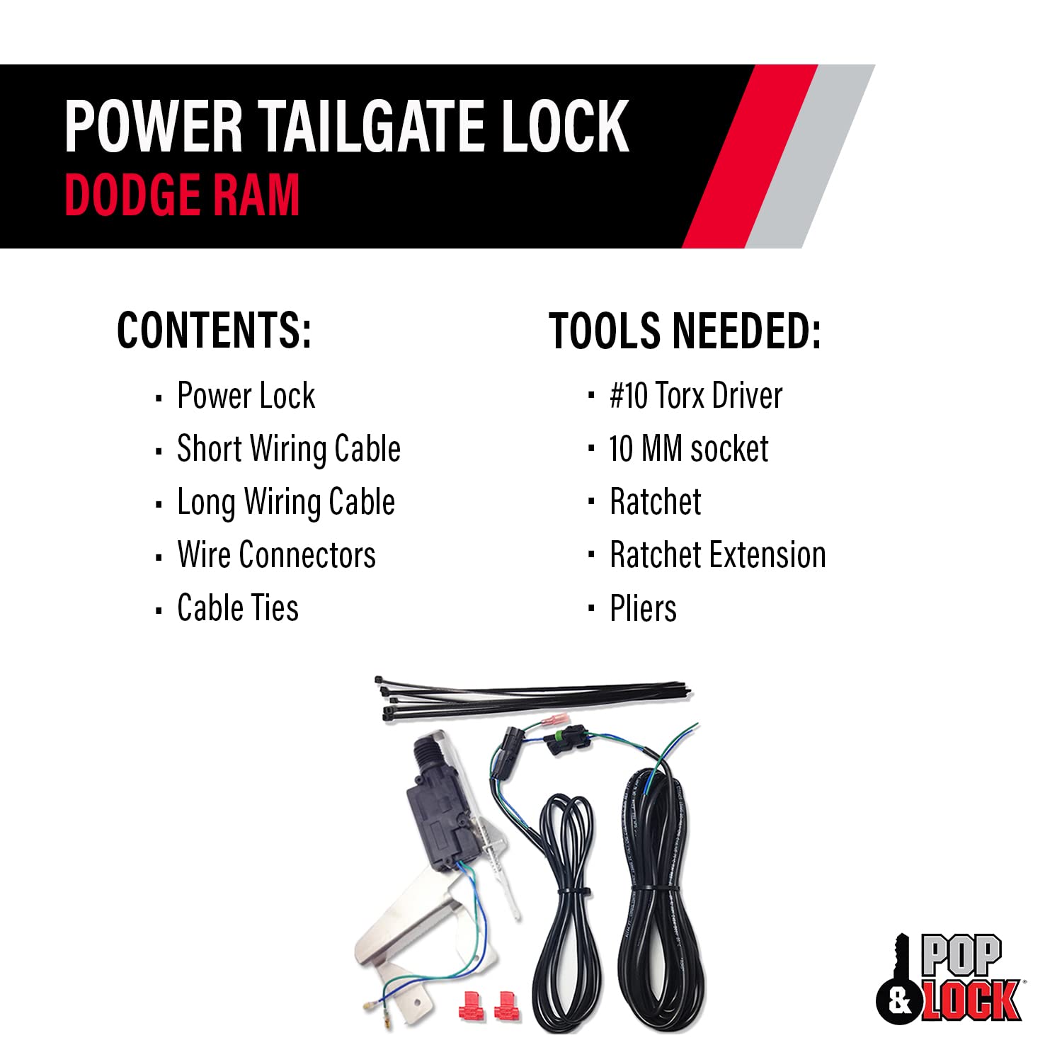 Pop & Lock Power Tailgate Lock for Dodge Ram 1500/2500/3500 (2010-2015) - Metal, Red, Model PL8350
