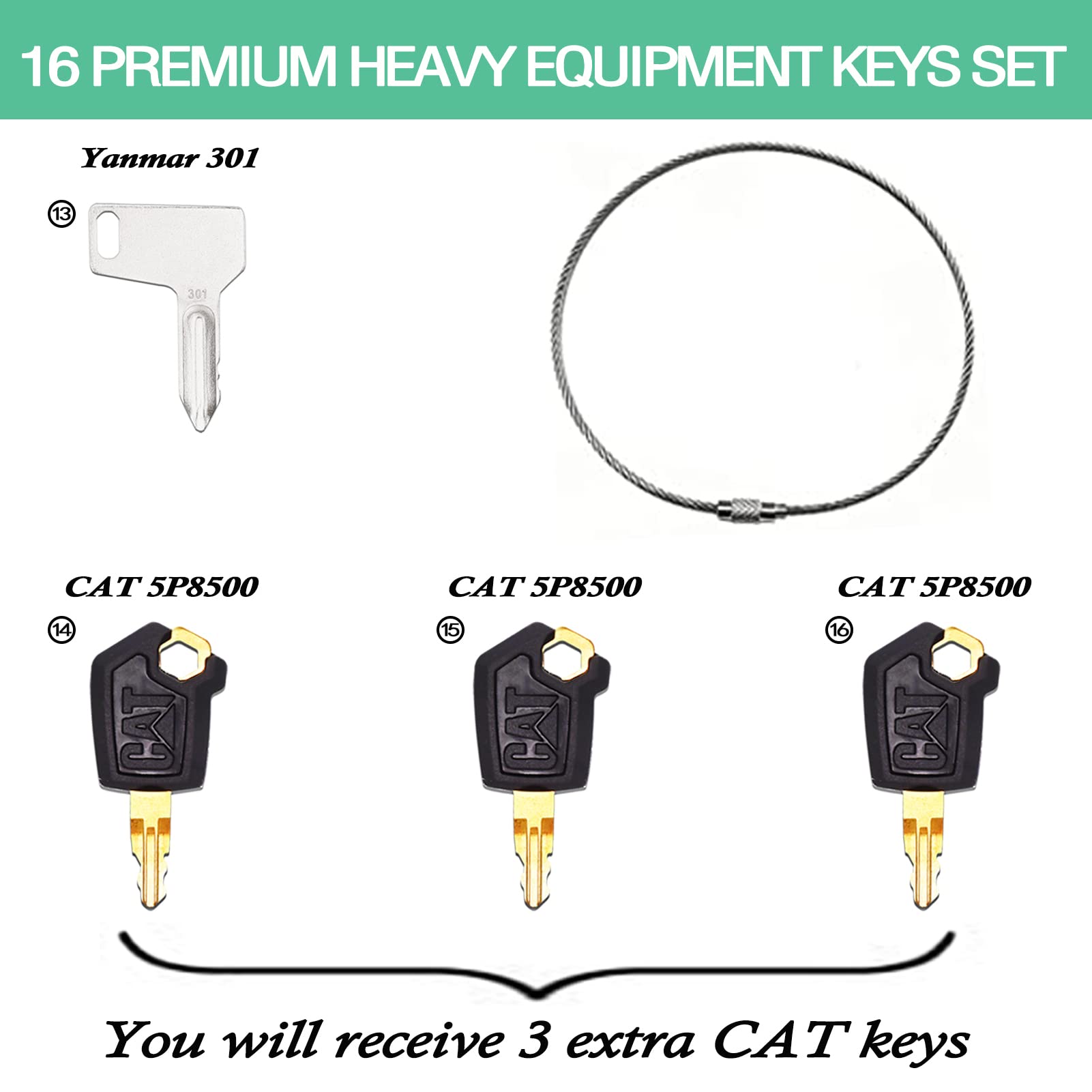 Yasashii 16 Heavy Equipment Keys Set Fits Cat, Case, Jd, Komatsu, Kubota, Yanmar, Daewoo, Hyster, Takeuchi, Heavy Construction E