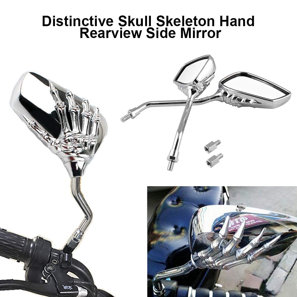Pairs Of Distinctive Skull Skeleton Hand 8Mm 10Mm Rearview Side Mirror For Motorcycle Scooter Moped Bike Standard Bike (Silver)