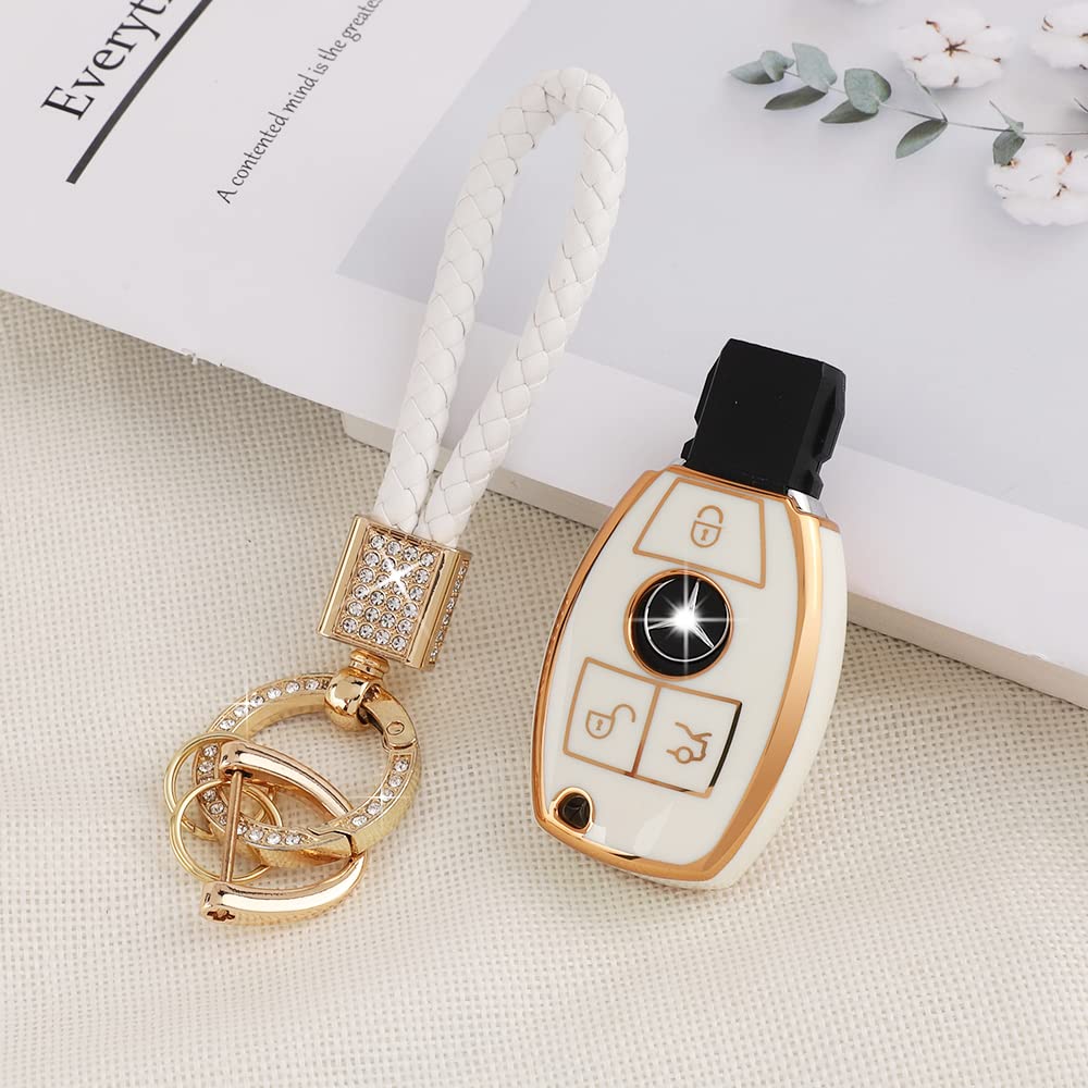 Pifoog For Mercedes Key Fob Cover Tpu Key Case Soft Car Keys Protector Fit Mercedes Benz Amg C E M S Cls Cla Glk Gla Glc Gle Smart Remote Key Keychain Girly Women White Gold