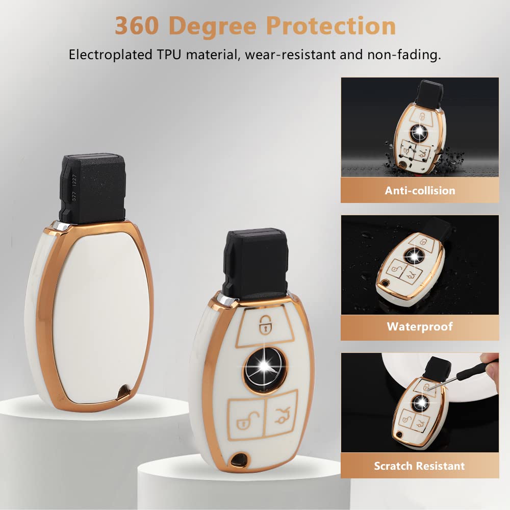 Pifoog For Mercedes Key Fob Cover Tpu Key Case Soft Car Keys Protector Fit Mercedes Benz Amg C E M S Cls Cla Glk Gla Glc Gle Smart Remote Key Keychain Girly Women White Gold
