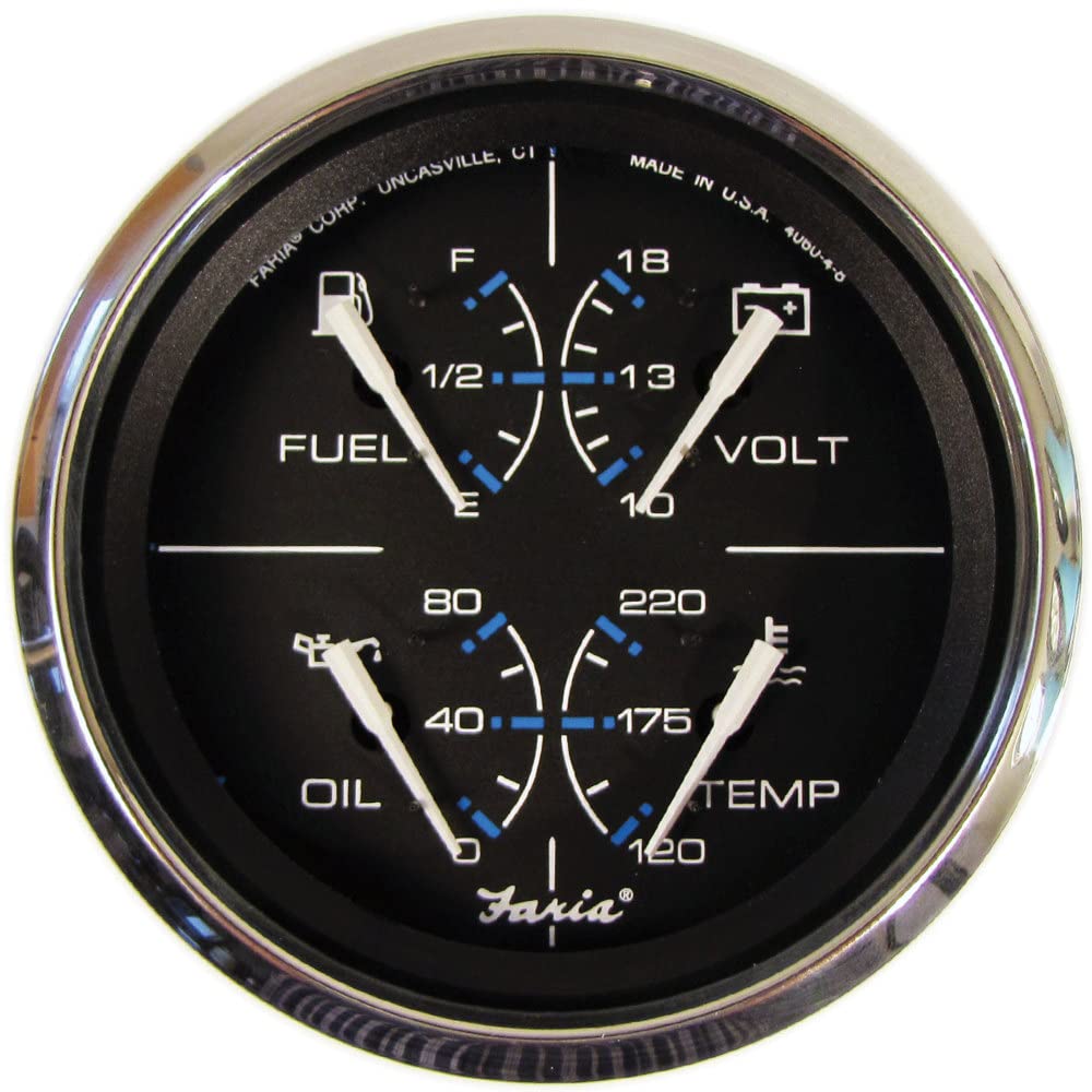 Faria 33751 Chesapeake Stainless Steel Multifunction Fuel Level/Oil Psi (80 Psi)/Water Temp (100-250°F)/Voltmeter (10-16 Vdc) - 4, Black