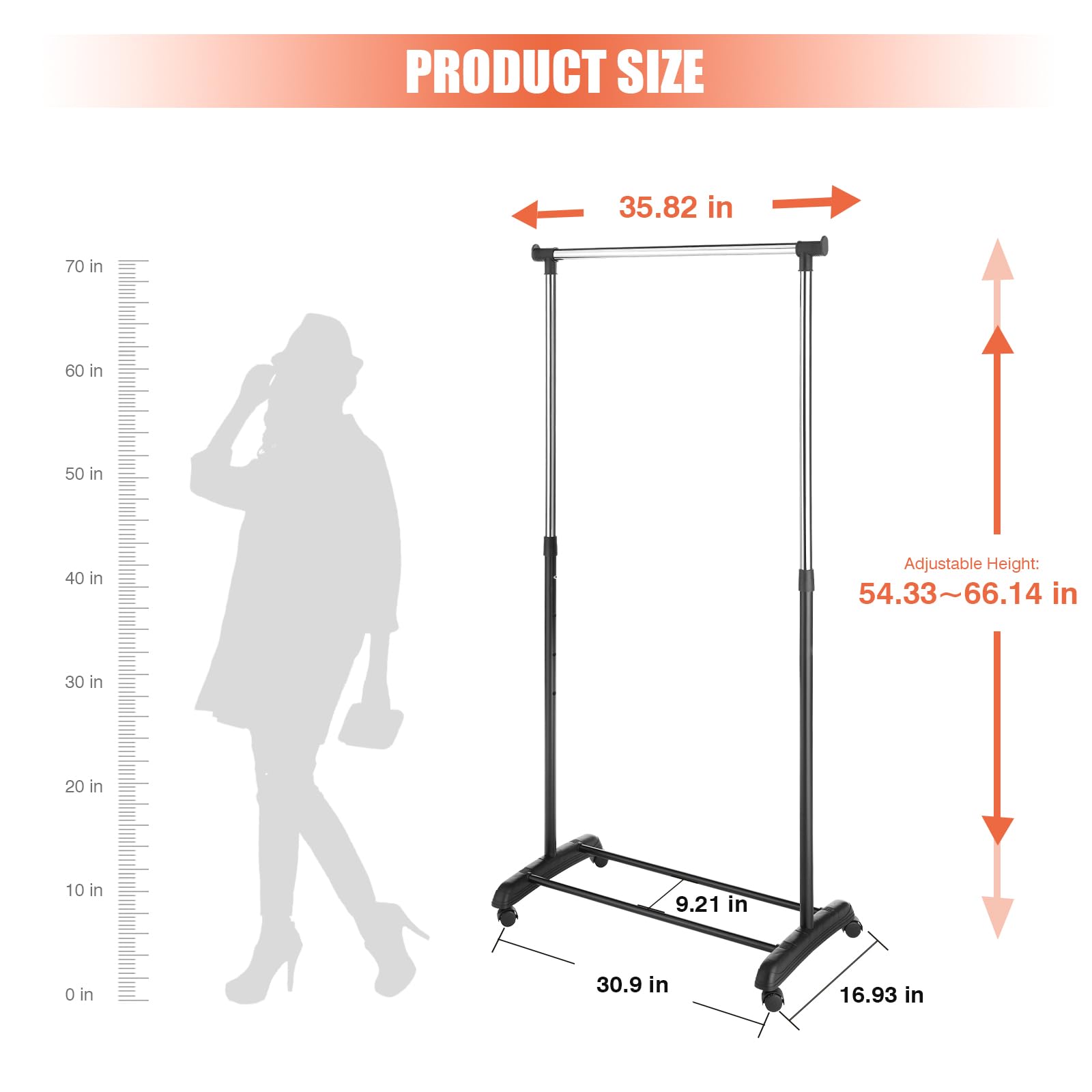 Whitmor Black And Chrome Adjustable Garment Rack-Rolling Clothes Organizer, 18.5'' D X 33'' W X 66'' H