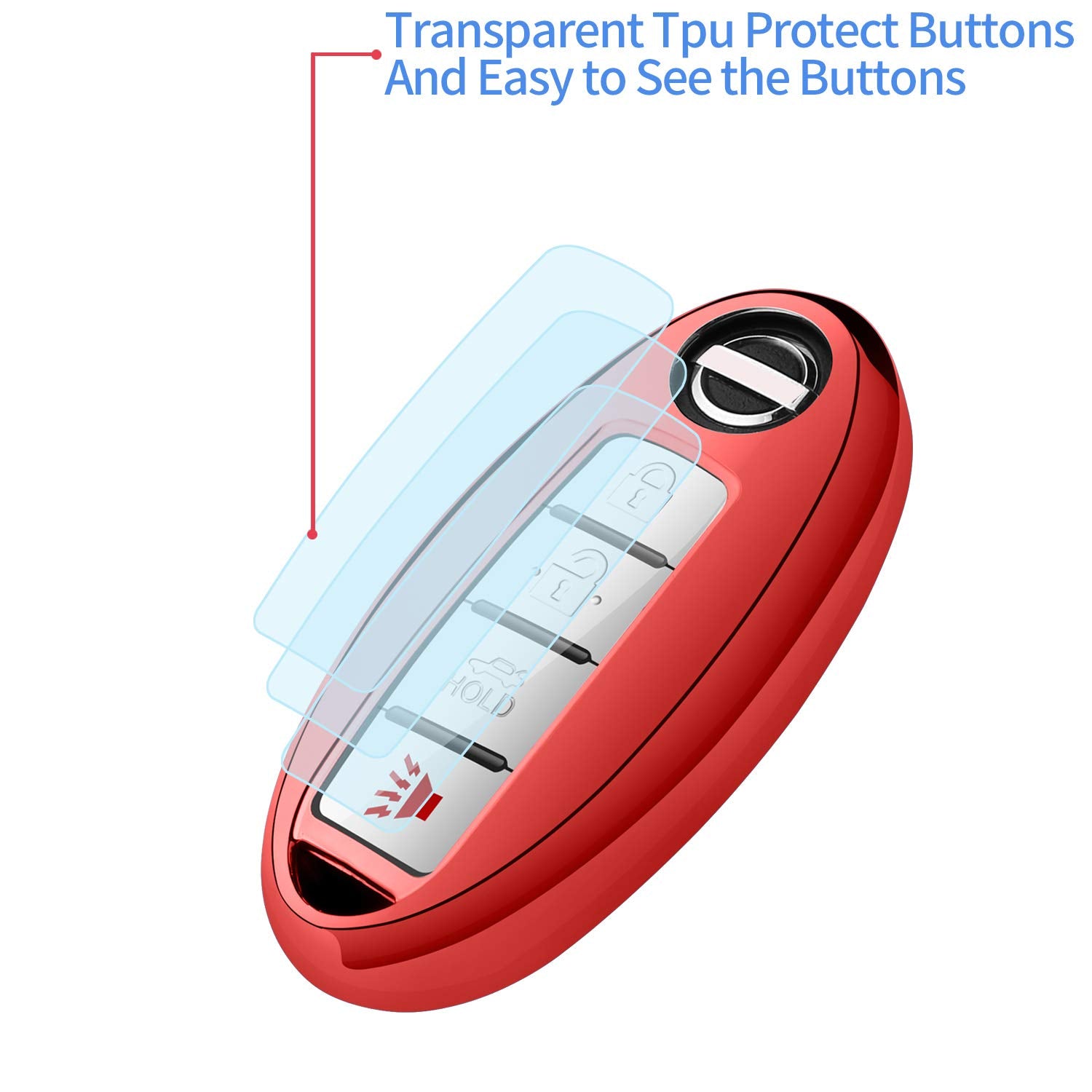 Autophone Compatible With Nissan Key Fob Cover With Leather Keychain Soft Tpu 360 Degree Protection Key Case For Altima Maxima Rogue Armada Pathfinder Smart Key 3 4 5-Button-Red