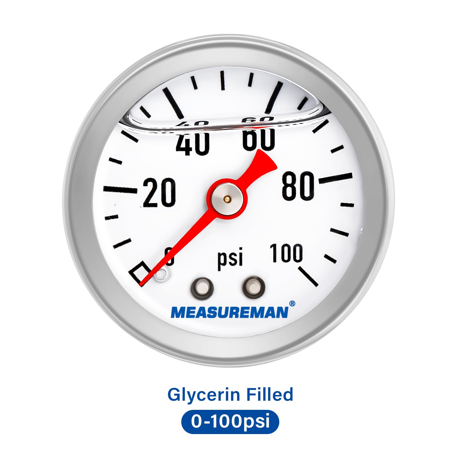 Measureman 1-1/2'' Dial Size, 304 Stainless Steel Case, Liquid Filled Fuel Pressure Gauge, 0-100Psi, 3-2-3%, 1/8'' Npt Center Ba