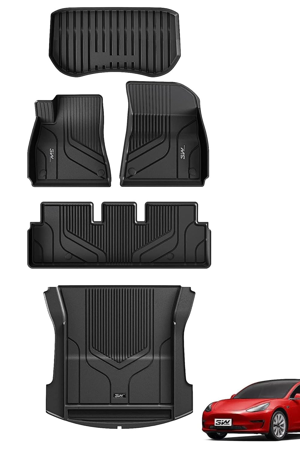 3W All-Weather TPE Floor Liner - Full Set Black Floor Mats and Cargo Liner Mat Custom Fit for Tesla Model 3 2021-2023