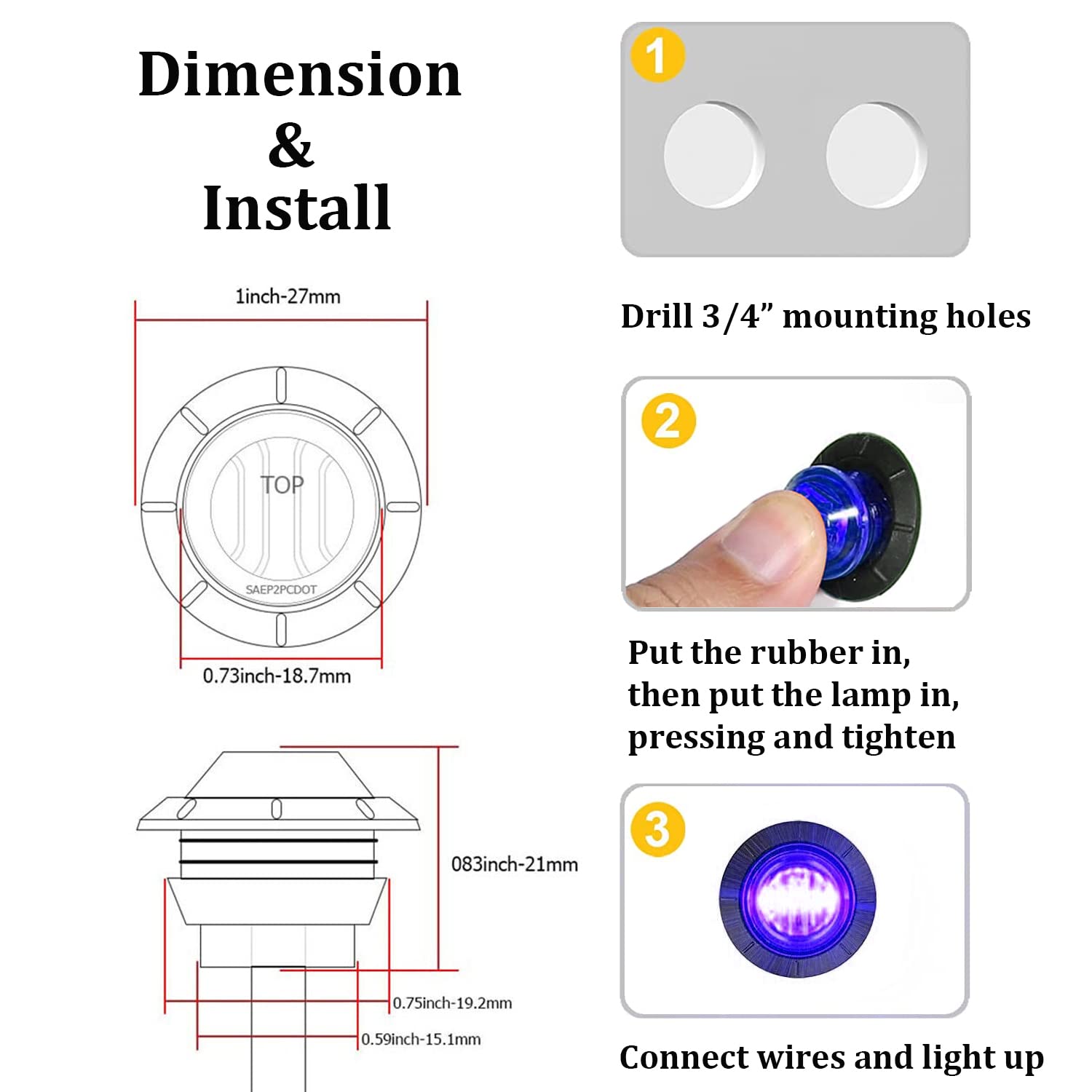 Fxc 10X 3/4 '' Round Led Clearence Light Front Rear Side Marker Indicators Light For Truck Car Bus Trailer Van Caravan Boat, Tai