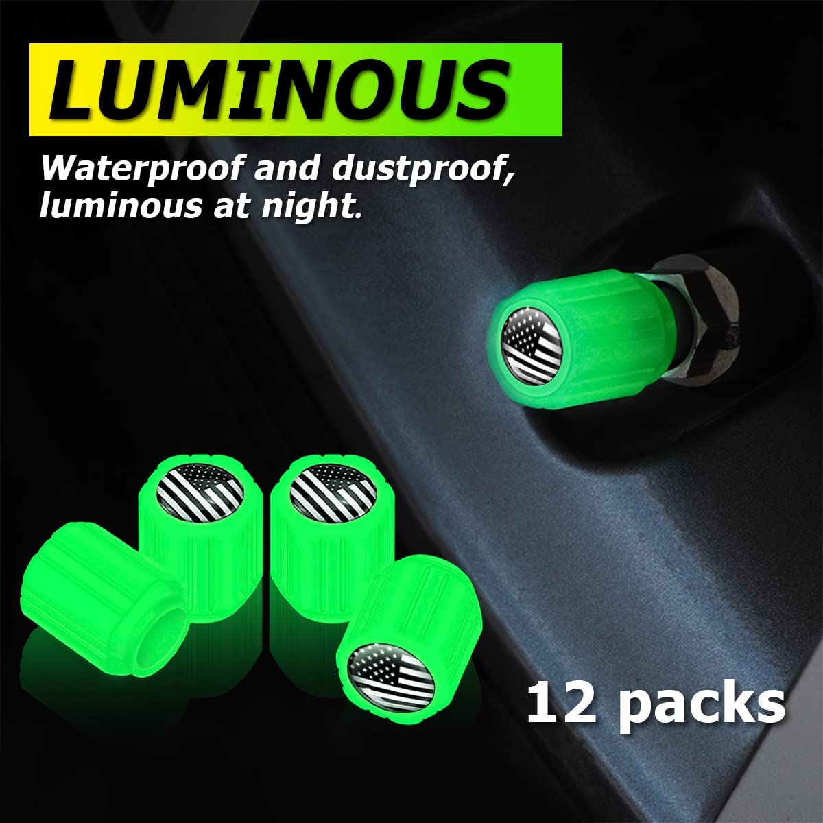 12Pcs Fluorescent Car Tire Valve Caps, Luminous Tire Air Caps Cover, Vehicle Tire Pressure Caps, Illuminated Auto Car Wheel Valve Stem, Universal For Car, Suv, Motorcycle, Truck, Bike (Green/Black)
