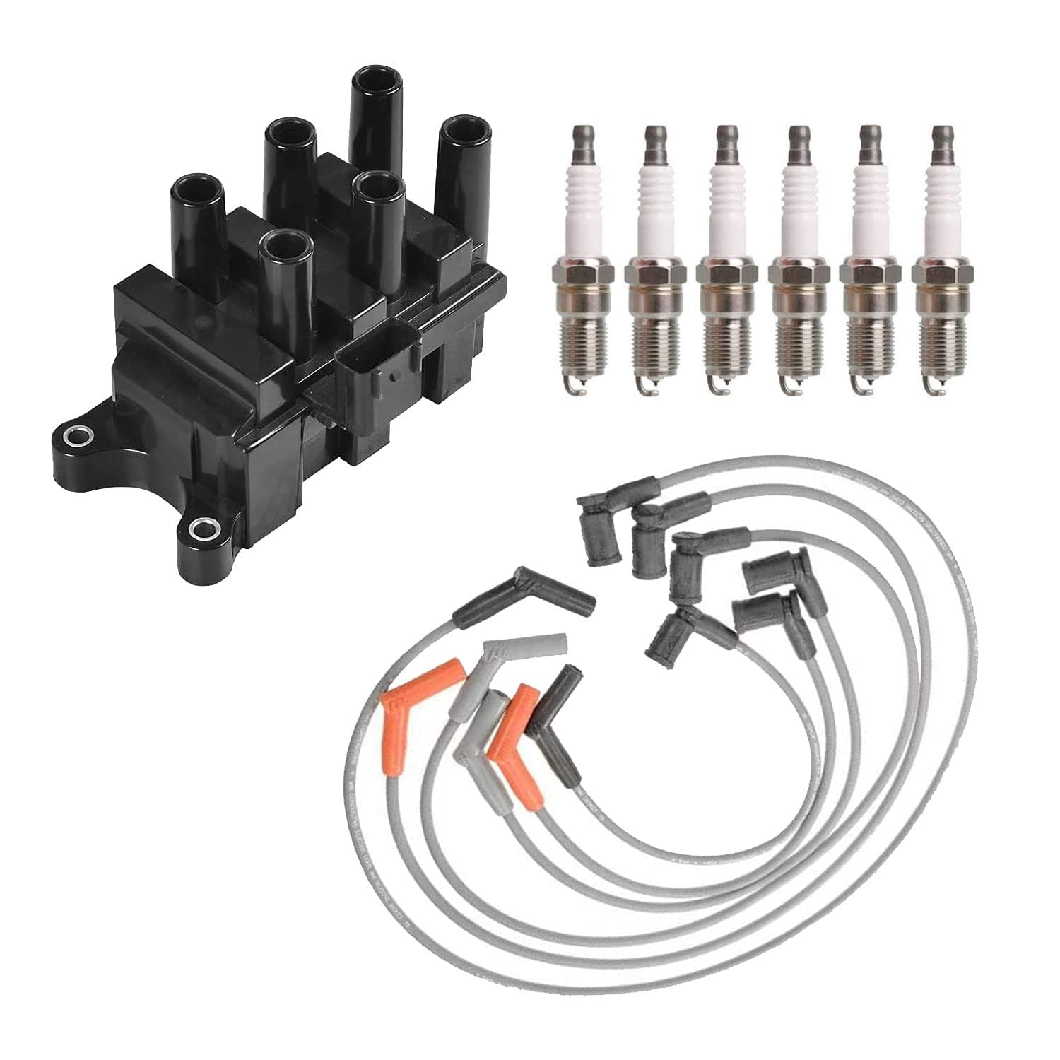 ENA Set of 1 Ignition Coil with 6 Spark Plugs and Wire Set Compatible with Ford 2004 2005 2006 2007 2008 Ranger 2002-2007 B3000 