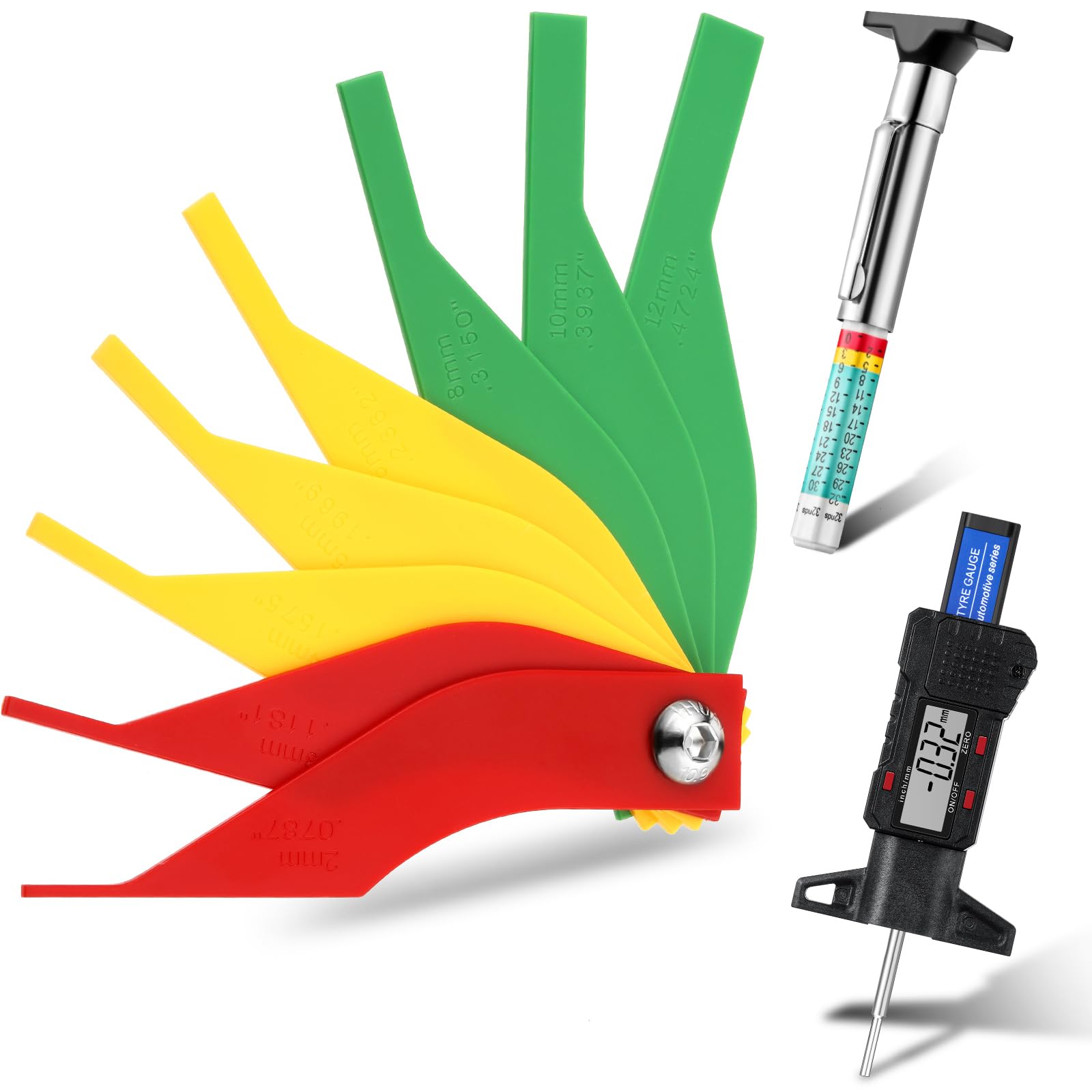 Frienda 3 Pieces Tire Tread Depth Gauge Tool Digital Tread Depth Gauge Brake Lining Thickness Ruler Coded Tire Automotive Brake