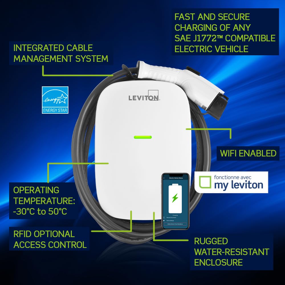 Leviton Level 2 Smart EV Charger with Wi-Fi, 48 Amp, 208/240 VAC, 11.6 kW Output, 18' Cable, Indoor/Outdoor Hardwired EV Chargin