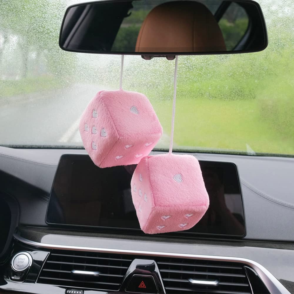 Pair 3    Black Fuzzy Plush Dice Heart Shape Decor for Car Rearview Mirror, Retro Square Decoration Dice for Car Hanging Accesso