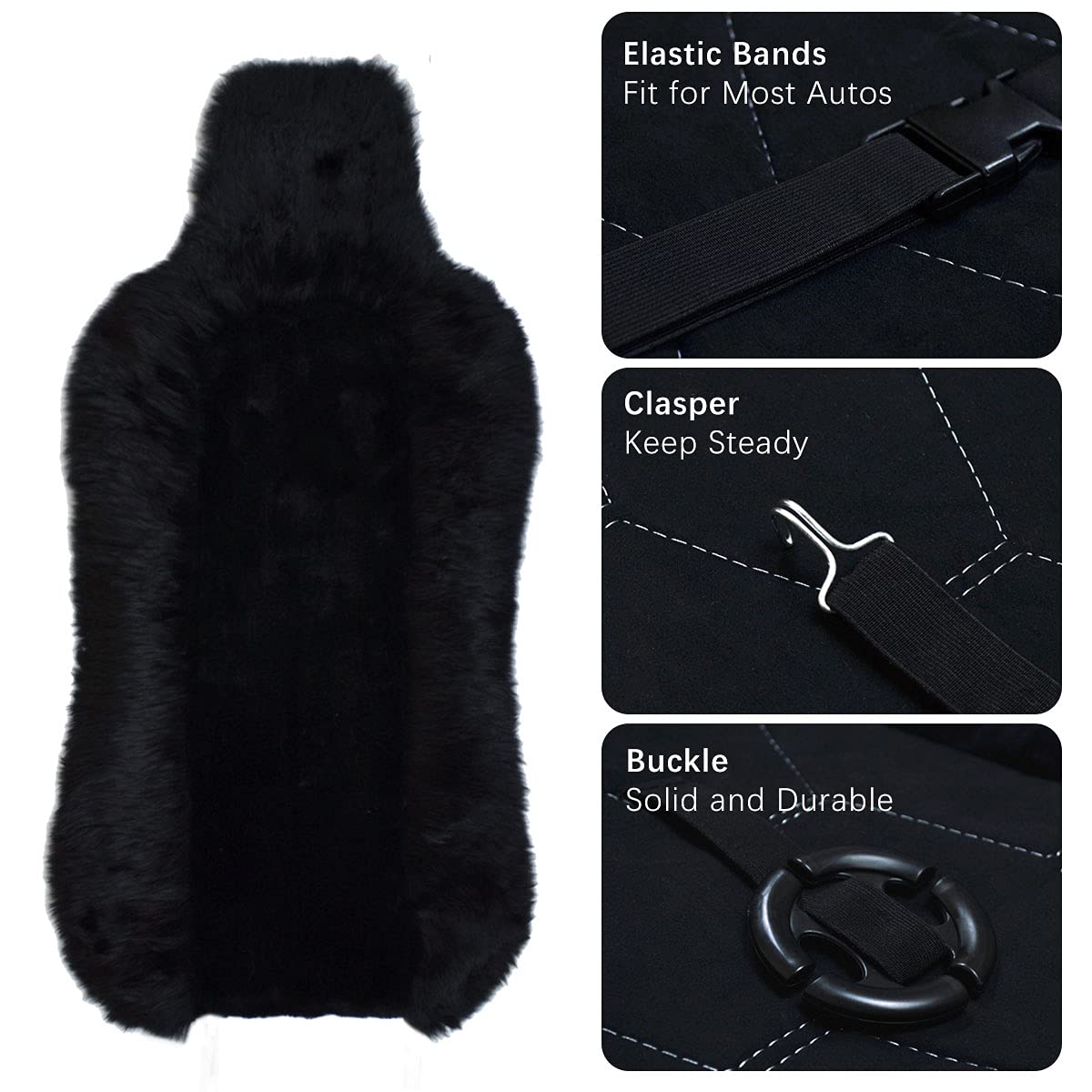 Gracefur Sheepskin Car Seat Cover Genuine Wool Seat Cover Fluffy Fur Front Seat Covers Fits Cars, Trucks, SUV, or Van (Black)