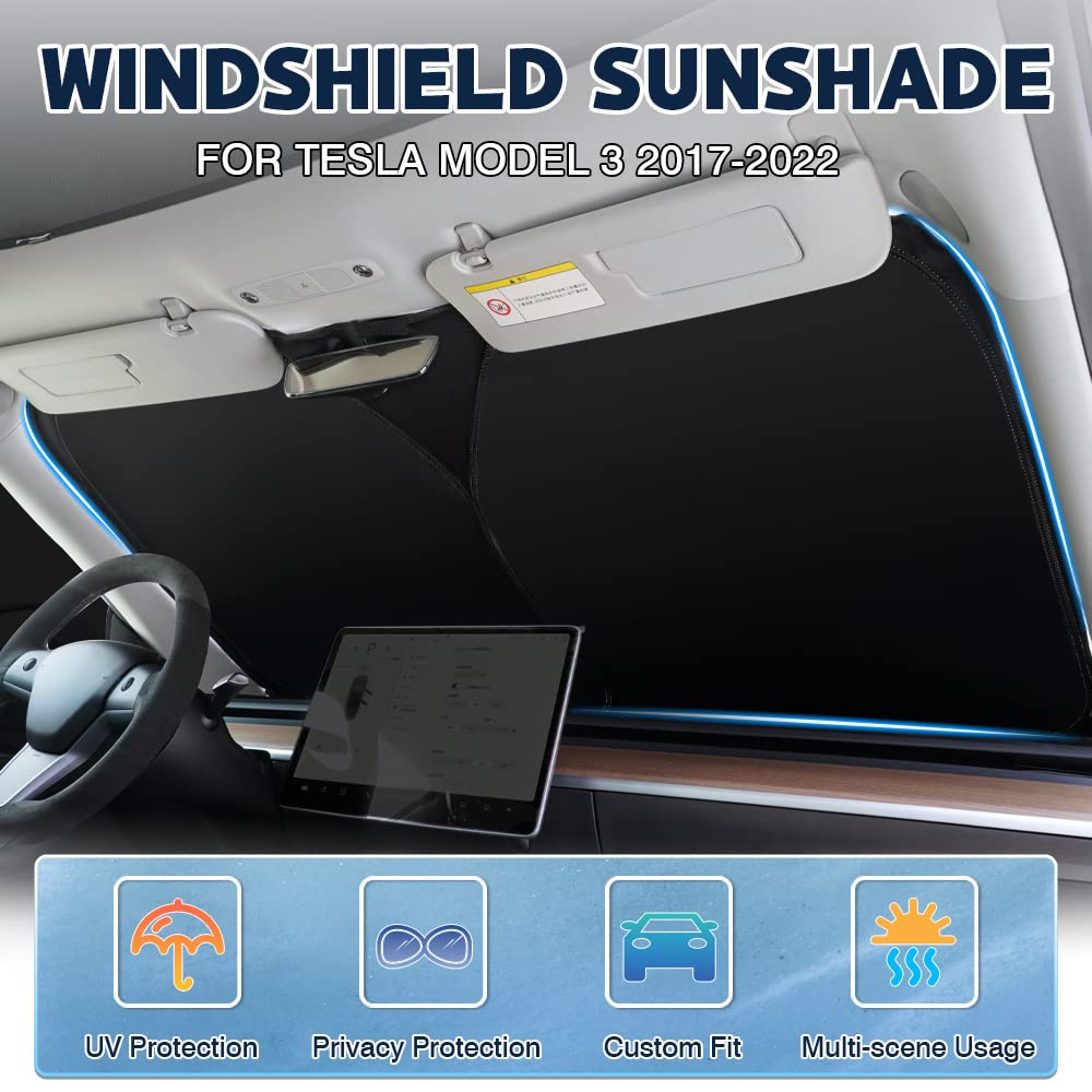 Karltys Sunshade For Tesla Model 3 2017-2023 Accessories Windshield Sun Shade Thick 240T Reflective Polyester Front Window Cover
