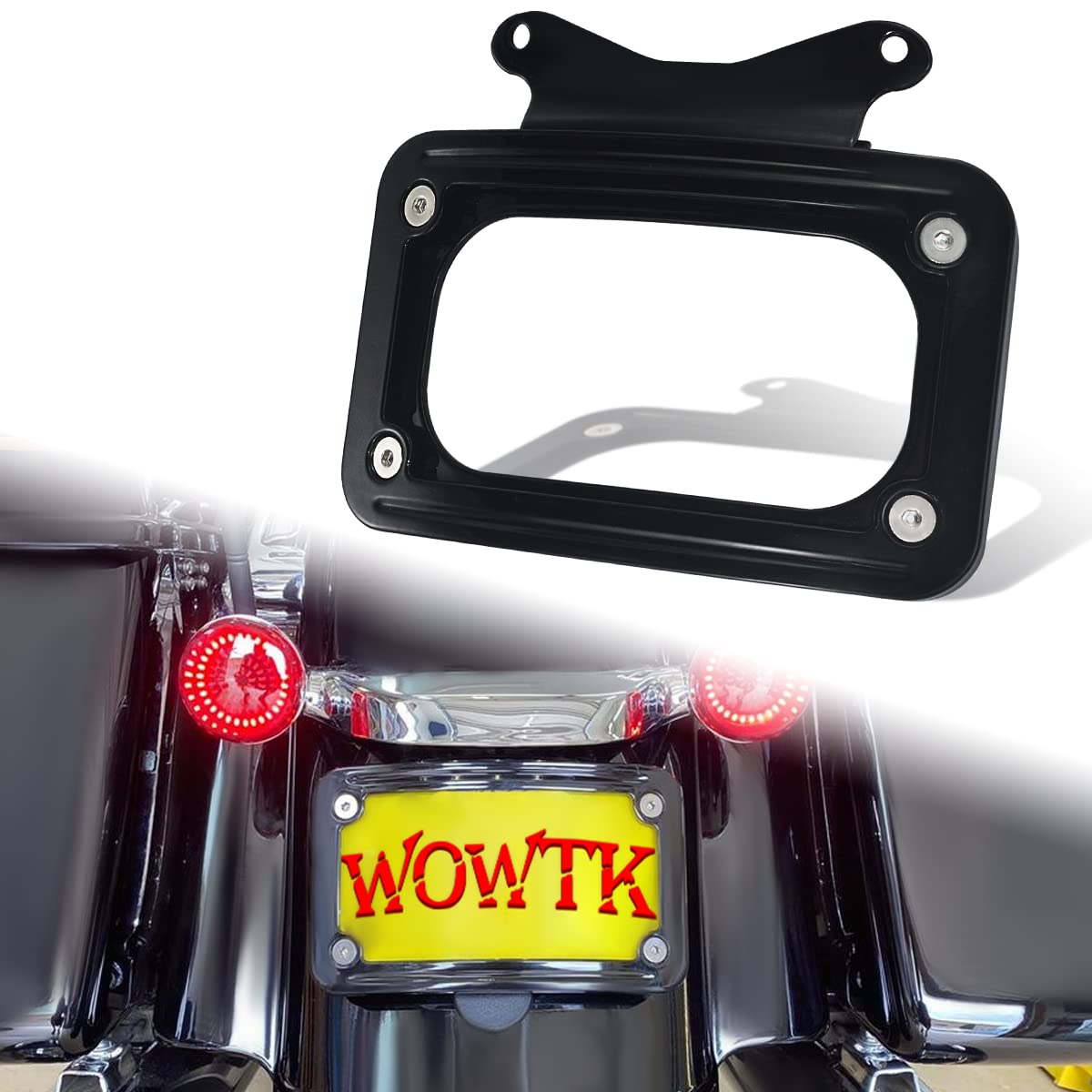 Wowtk Rear Fender Curved License Plate Frame W/White Led Lighting Fits For Harley Road Glide Road King Street Glide Flhrxs, Flhx, Flhxs, Flhxst, Fltrx, Fltrxs, And Fltrxst 2010-2024, Black