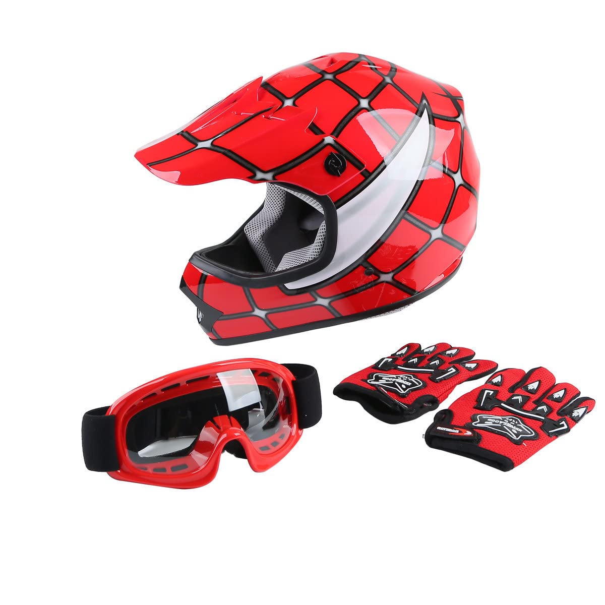 Xfmt Dot Youth Kids Motocross Offroad Street Dirt Bike Helmet Youth Motorcycle Atv Helmet With Goggles Gloves Red Spider Xl