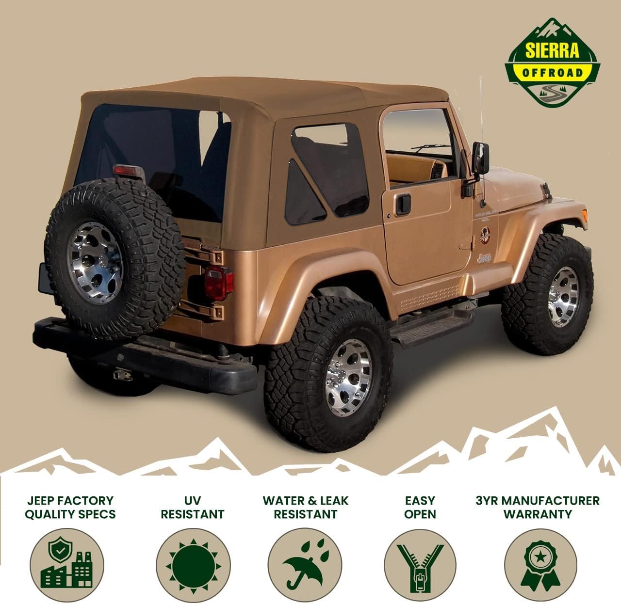 Sierra Offroad Soft Top For 1997 To 2006 Jeep Wrangler Tj - Spice, Sailcloth Vinyl - 2 Door Jeep Soft Top With Rear Plastic Tint