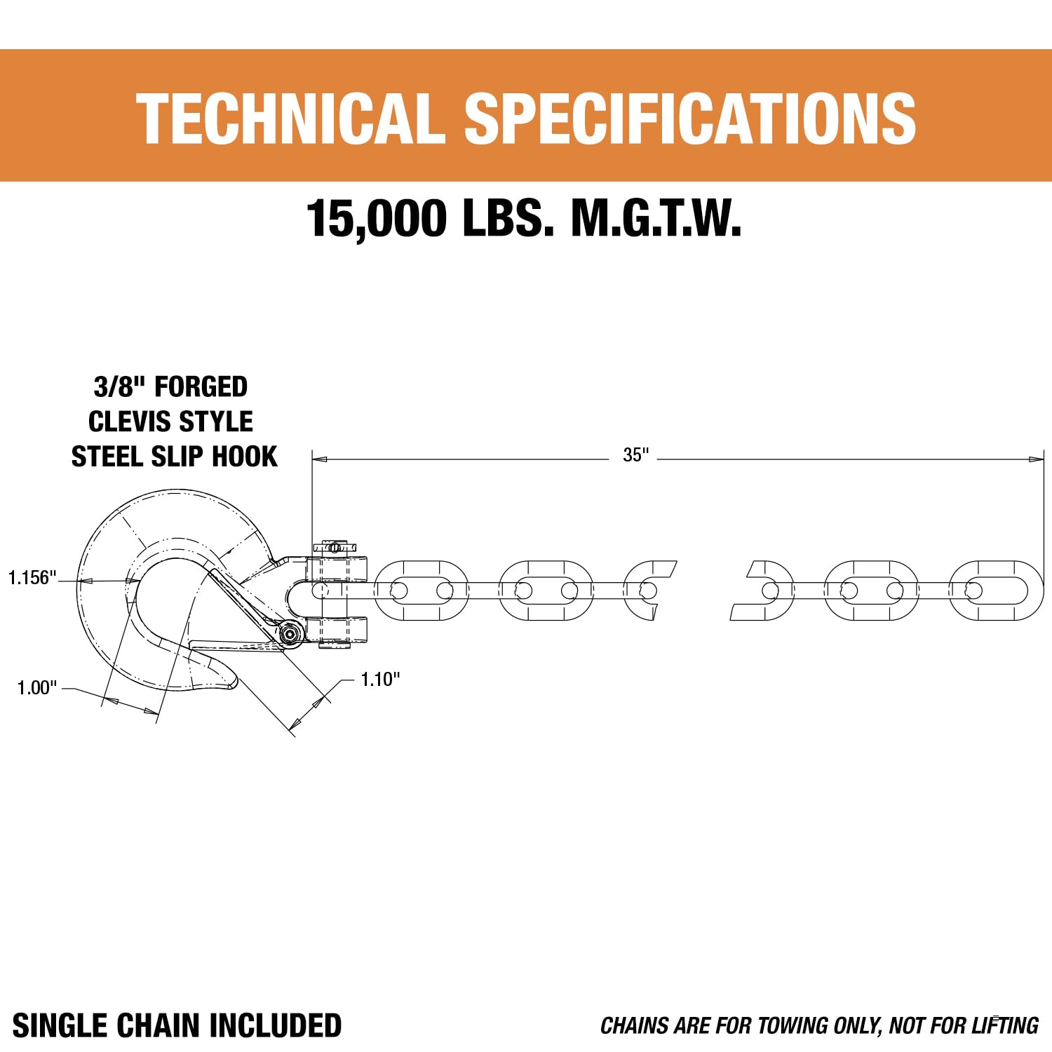 Buyers Products 11275 Class 4 Trailer Safety Chain With Clevis Style Slip Hook, Zinc Plated, 35'' Chain, 3/8'' Chain Diameter, 4