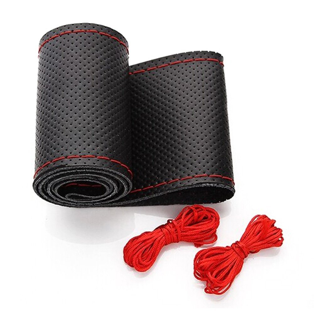 Belinous Universal Leather Car Steering Wheel Cover, Stitch On Wrap (Size L5, Black And Red)
