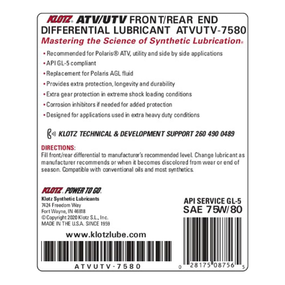 Klotz ATV UTV SXS 75W-80 Front & Rear End Differential Fluid Synthetic Klotz Oil Lubricant - 32 Ounce | Side by Side Transmissio