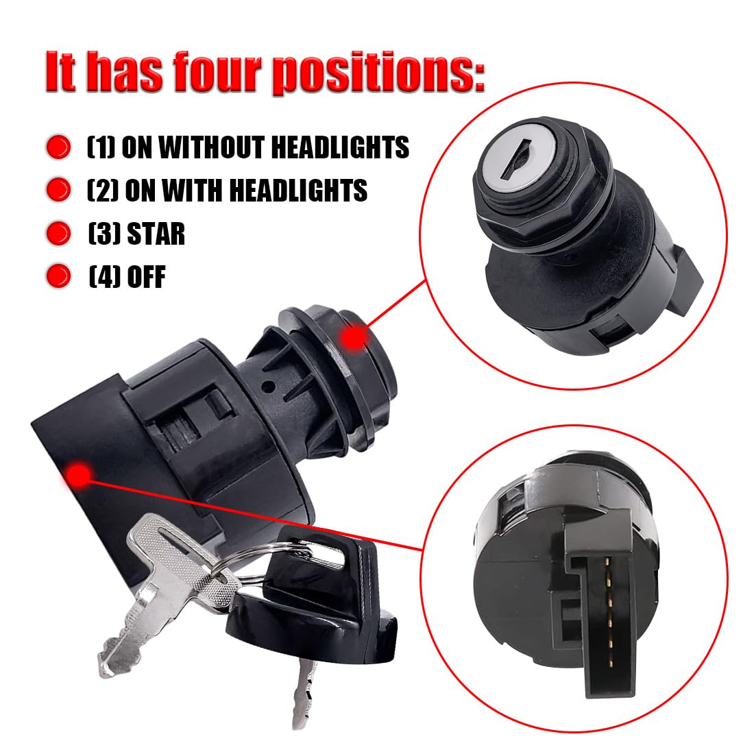 6 Pins 4 Position Ignition Key Switch Fits For Polaris Sportsman 325 Ace Efi, Sportsman 500 550 570 850 X2 500, Ranger 570 Efi 2