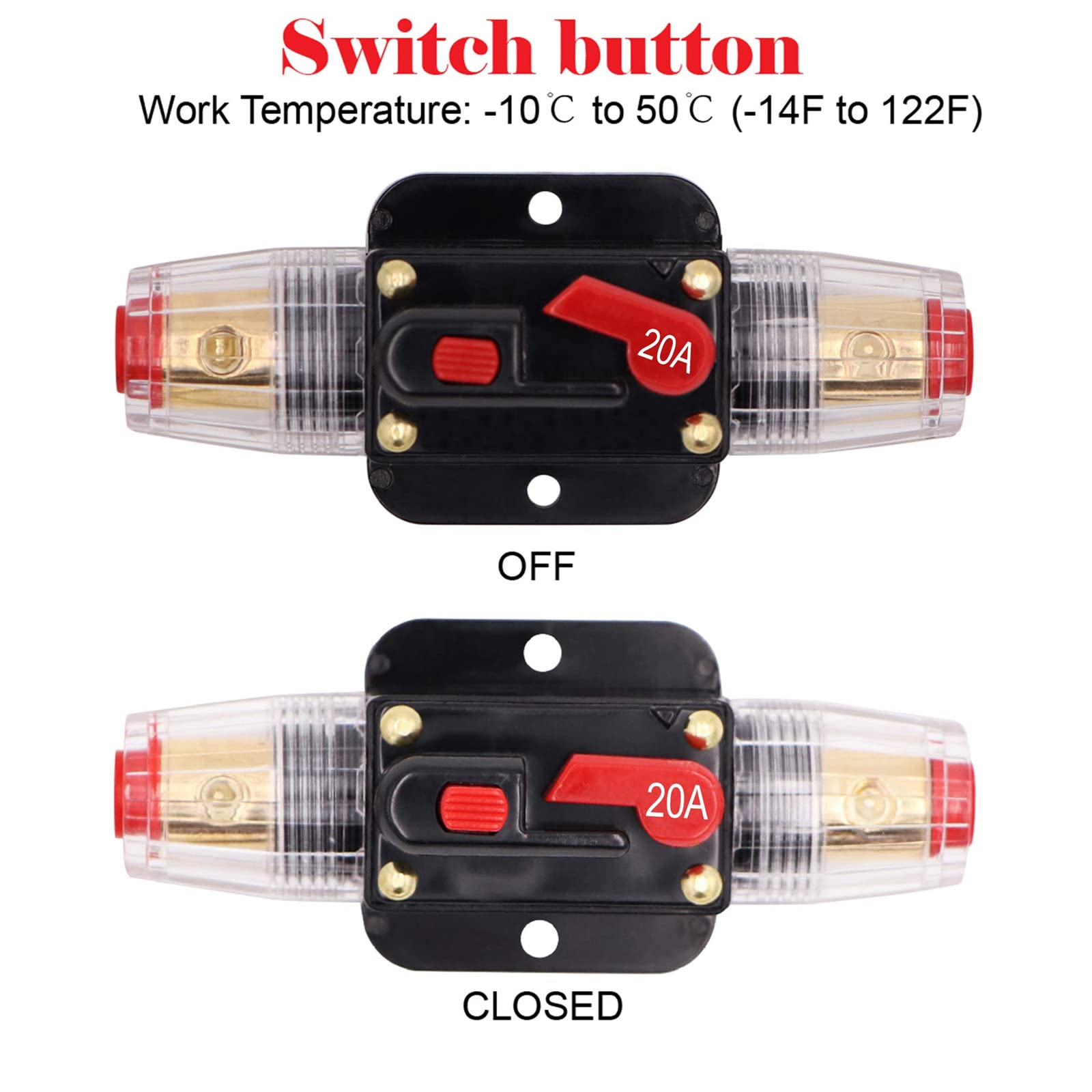 20A Audio Inline Circuit Breaker Reset Fuse Powmr Reset ,0-8 Gauge 20 Amp Fuse Holder With Manual Reset For 12V-24V Dc Car Audio