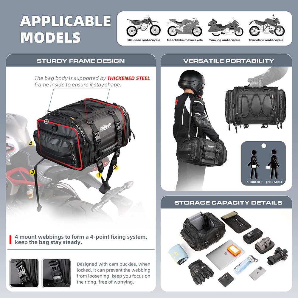Rhinowalk Motorcycle Tail Bag Expandable Motorcycle Travel Luggage 26L Waterproof All Weather/Trunk/Rack Bag With Sissy Bar Stra