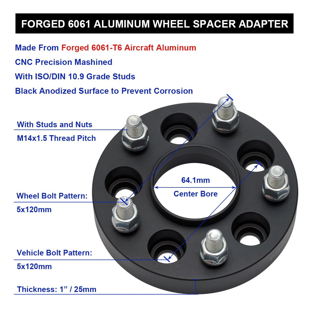 VLAOSCHI Black Forged 5x120 Hubcentric Wheel Spacers 1 Inch 14x1.5 Studs 64.1mm Hub Bore Compatible with Honda-Acura-Tesla for O