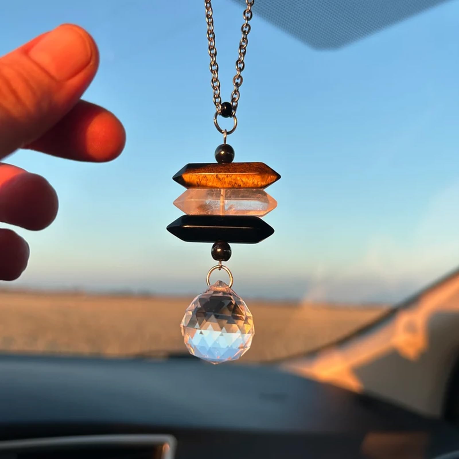 Crystal Hanging Car Charm,Cute Healing Stones Car Decor For Rear View Mirror,Boho Handmade Sun Catcher Ornament Accessories,Tige