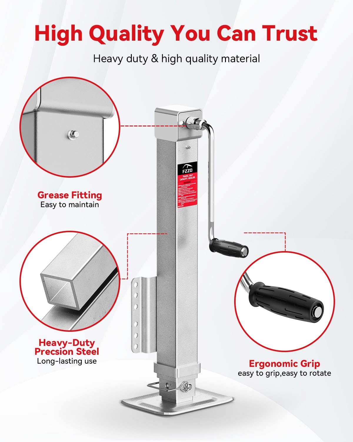 FZZD 8000 lbs Heavy Duty Trailer Jack, 20-24V Cordless Drill Compatible,28.6 Lift, for Utility, Yacht, Boat Trailer Jack,Silve