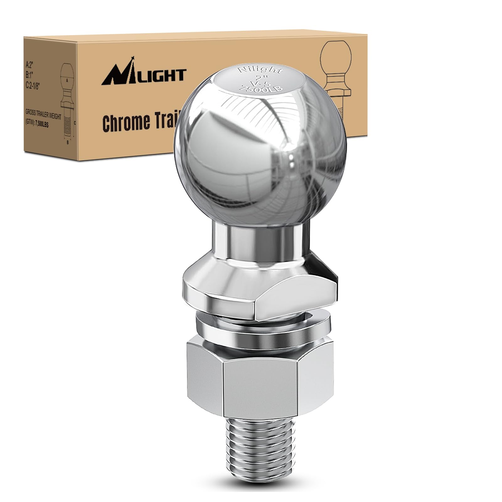 Nilight 2-Inch Diameter Chrome Trailer Hitch Ball, 7,500 lbs, 1 x 2-1/8-Inch Shank Universal Fit,Gray, 2 Years Warranty