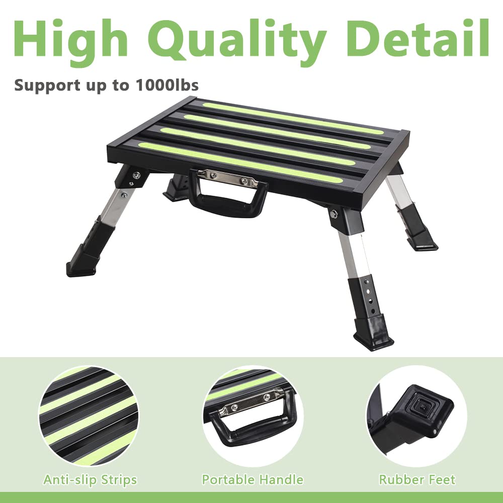Garfatolrv Rv Steps, 4-Level Adjustable Height Folding Camper Steps Non-Slip Fluorescent Strip Aluminum Platform Rv Accessories,