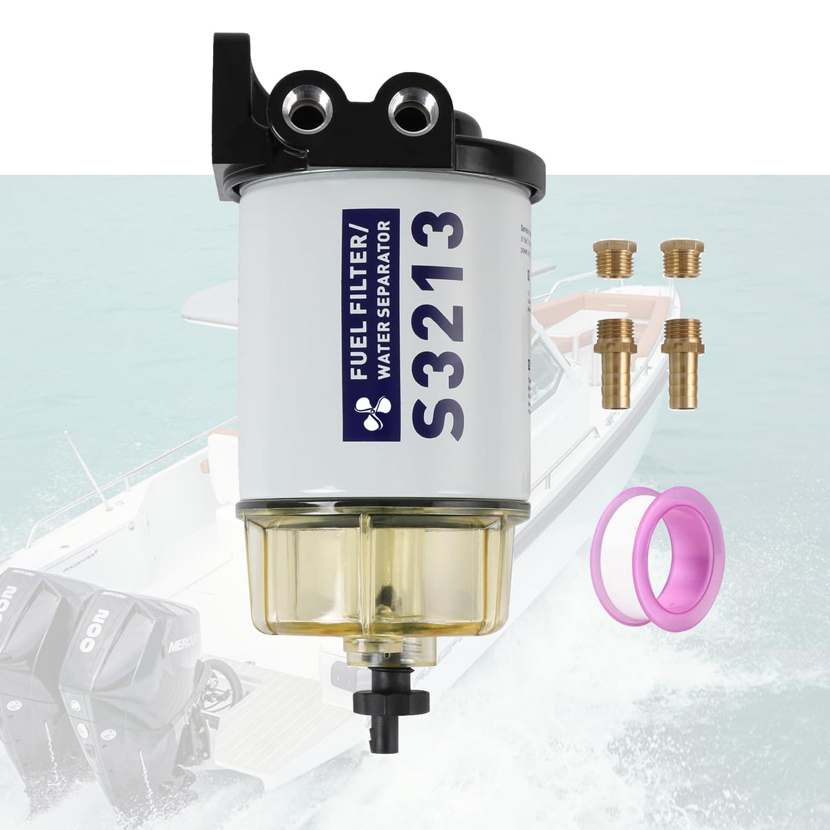 Marine Fuel Water Separator Filter for Yamaha & Mercury Outboards - S3213 with 3/8'' Barb & 1/4'' NPT Fittings - Replaces OEM Pa
