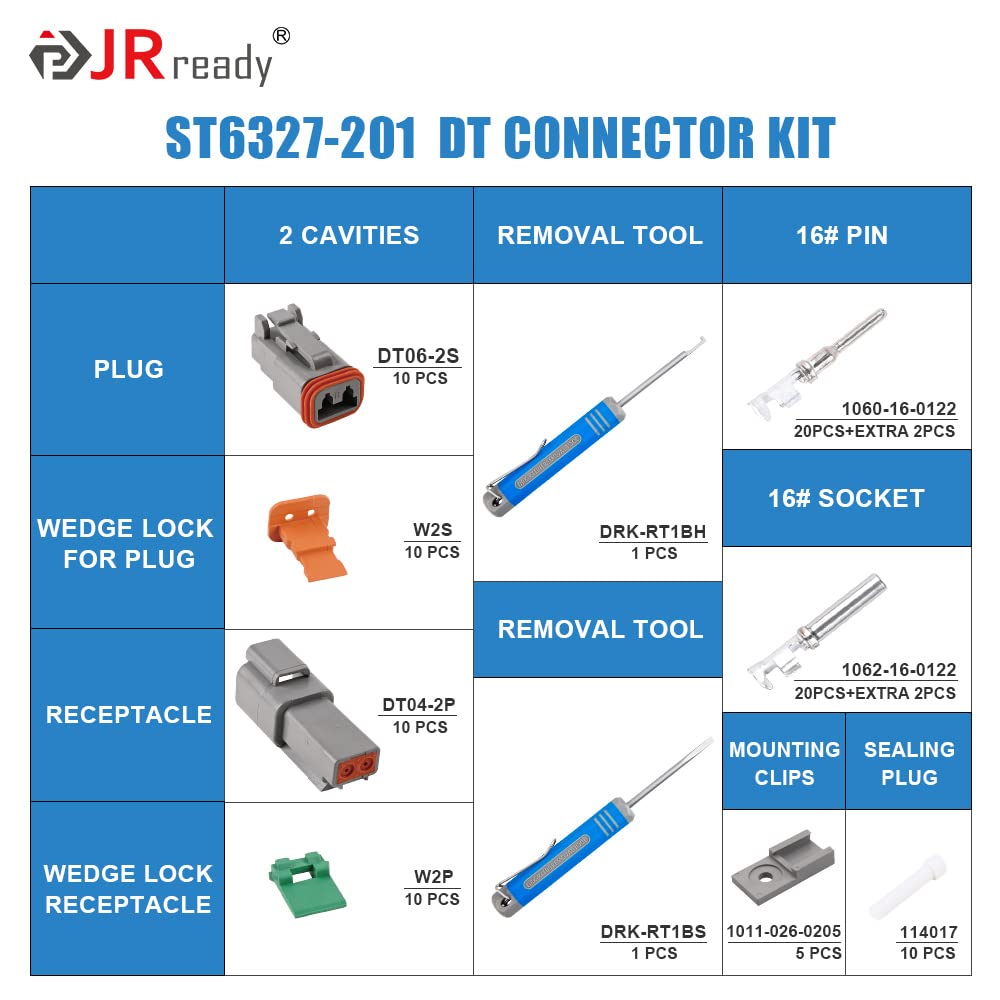 Jrready 2 Pin Way Deutsch Dt Connector Kit, Size 16 Stamped Contacts 14-18Awg, Seal Plugs, Dt04-2P Dt06-2S Gray Waterproof Automotive Electrical Connectors (10 Set), St6327-201.