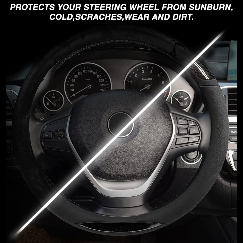 ZHOL Carbon Fiber Suede Steering Wheel Cover Universal 15 Inch Car Interior Accessories Comfortable Anti-Slip and Odorless Car S